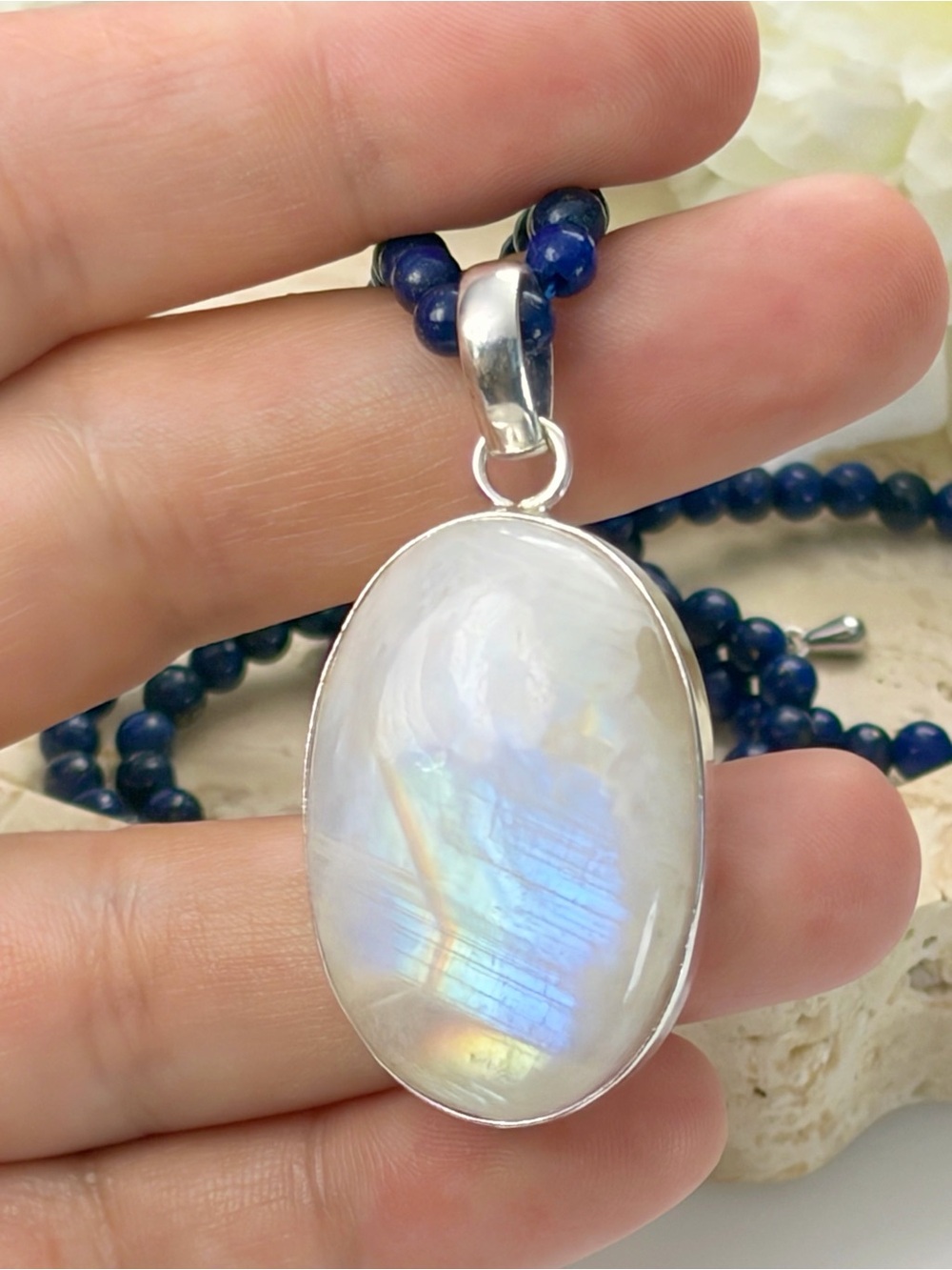 Pure Sterling Silver 925 Chunky Rainbow Moonstone Pendant Lapis Lazuli Necklace